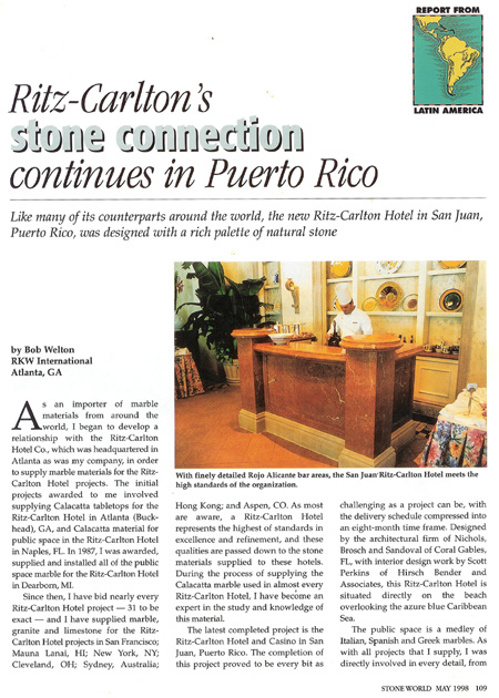Ritz-Carlton's stone connection continues in Puerto Rico - by Bob Welton RKW International Atlanta, GA